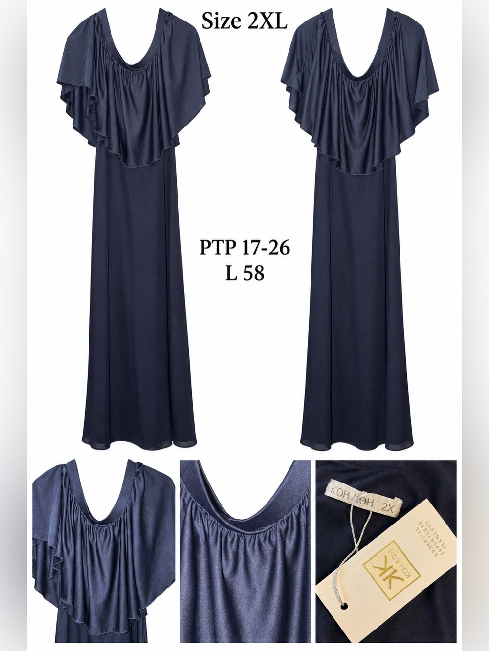 Navy Ruffle-Shoulder Formal Evening Gown